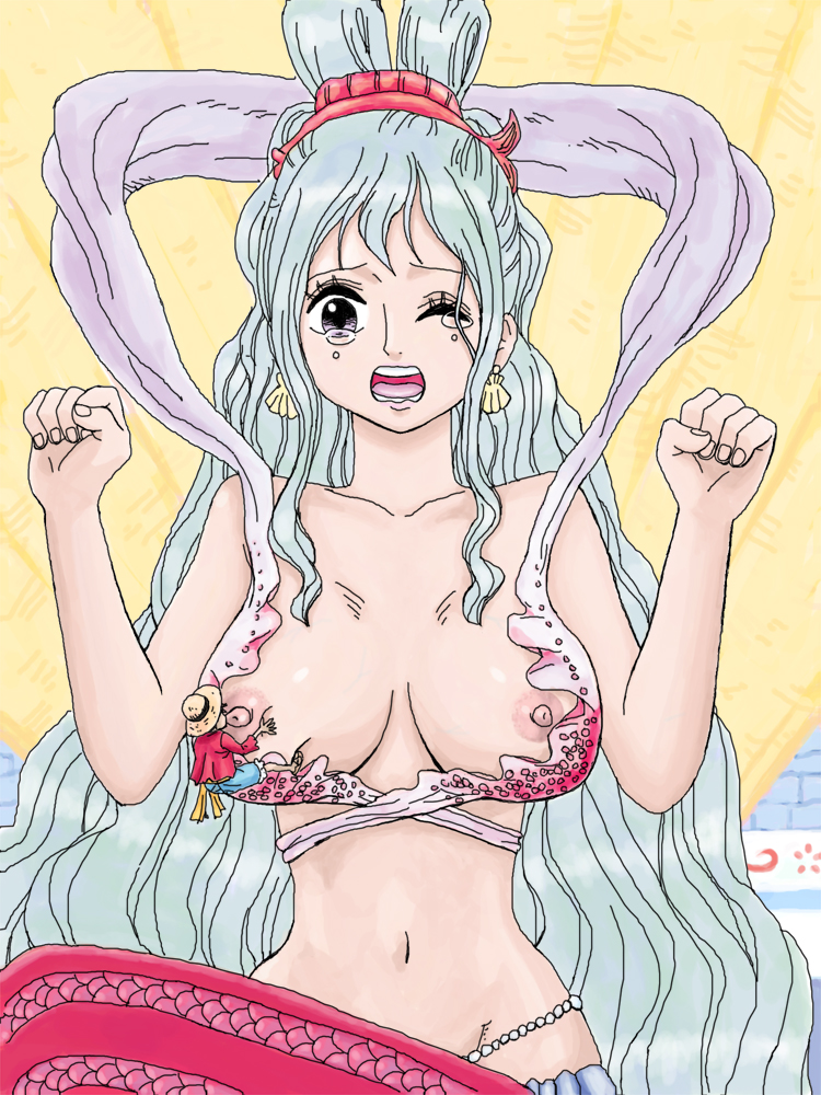 blue_hair bra clenched_hand earrings erect_nipples fairy_tail fist giantess...