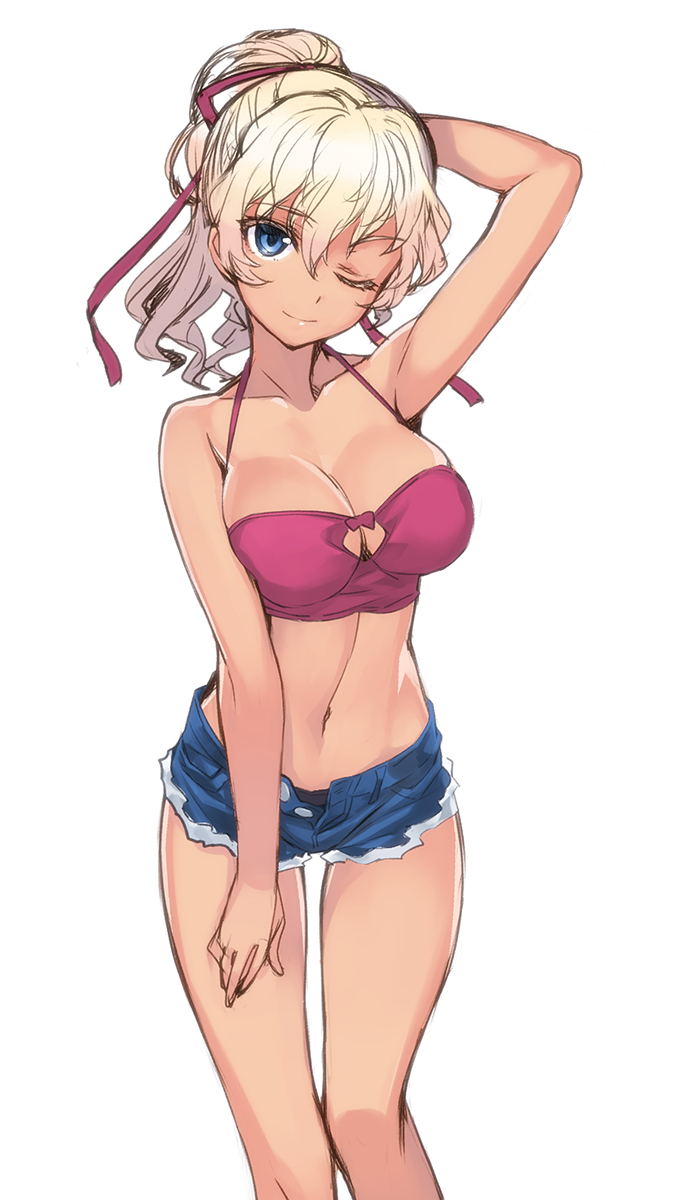 Xbooru 1girl Arm Arm Up Arms Babe Bad Id Bare Legs Bare Shoulders Belly Big Breasts Blonde