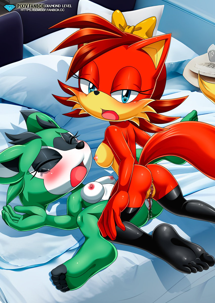 1girl 2_girls anthro bbmbbf blush breasts closed_eyes clove_the_pronghorn erect_nipples female/female fiona_fox green_fur horny looking_at_viewer mobius_unleashed palcomix pussy red_fur red_hair rubbing_pussies_together sega sega sideboob sonic_the_hedgehog_(series) tears tribadism wet yuri