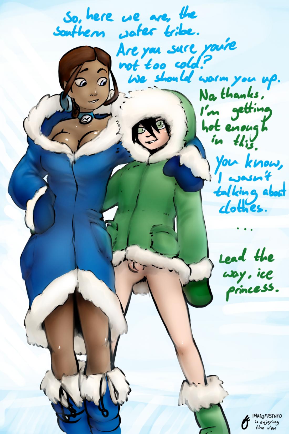 avatar:_the_last_airbender black_hair bottomless dark_skin funny hairless_pussy katara pussy smile toph_bei_fong