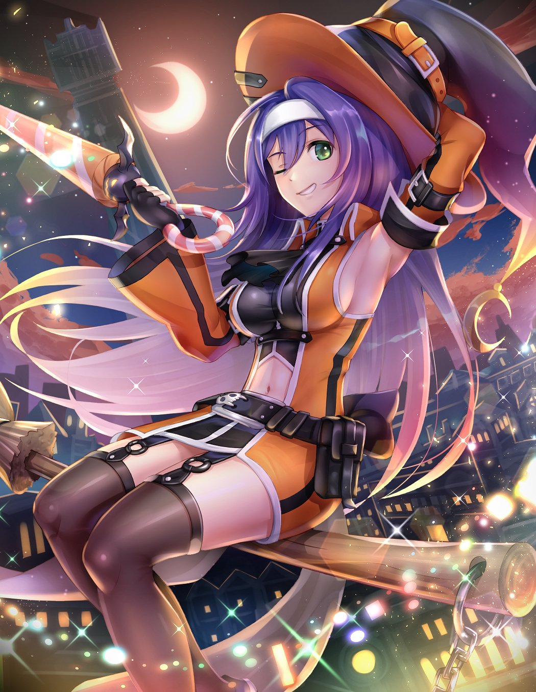 1girl 1girl 1girl alluring alternate_costume armpits bad_id bad_twitter_id big_breasts blue_hair breasts broom broom_riding commentary_request detached_sleeves female_only fingerless_gloves fire_emblem fire_emblem:_path_of_radiance fire_emblem_heroes gloves gonzarez green_eyes halloween halloween_costume hat headband high_res jack-o'-lantern long_hair looking_at_viewer mia_(fire_emblem) mia_(halloween)_(fire_emblem) nintendo official_alternate_costume purple_hair smile stockings witch witch_hat
