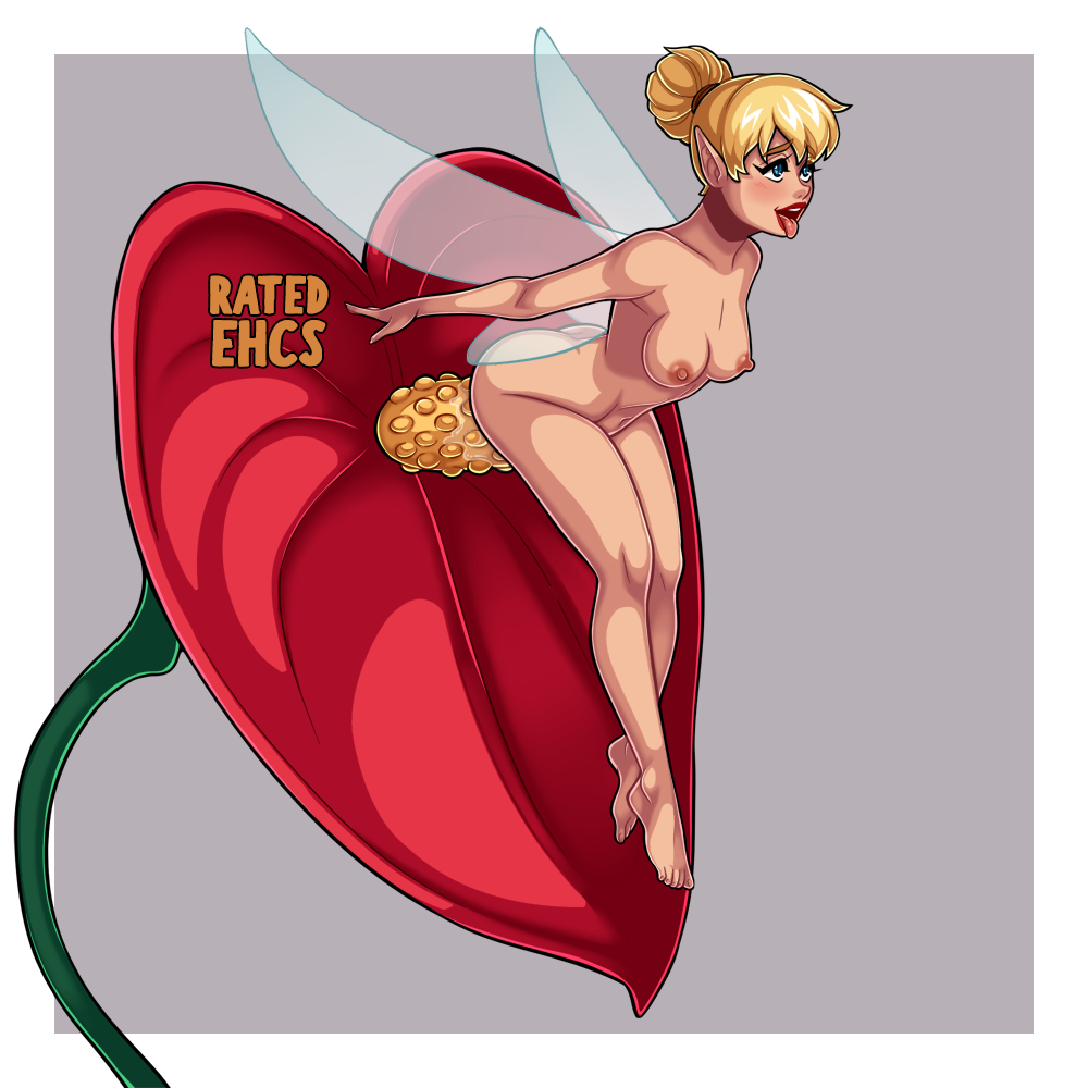 1girl blonde_hair breasts disney fairy_wings female female_only flower hairless_pussy implied_insertion nude open_mouth peter_pan pointy_ears pussy pussy_juice ratedehcs tinker_bell tongue_out vaginal_juices wings