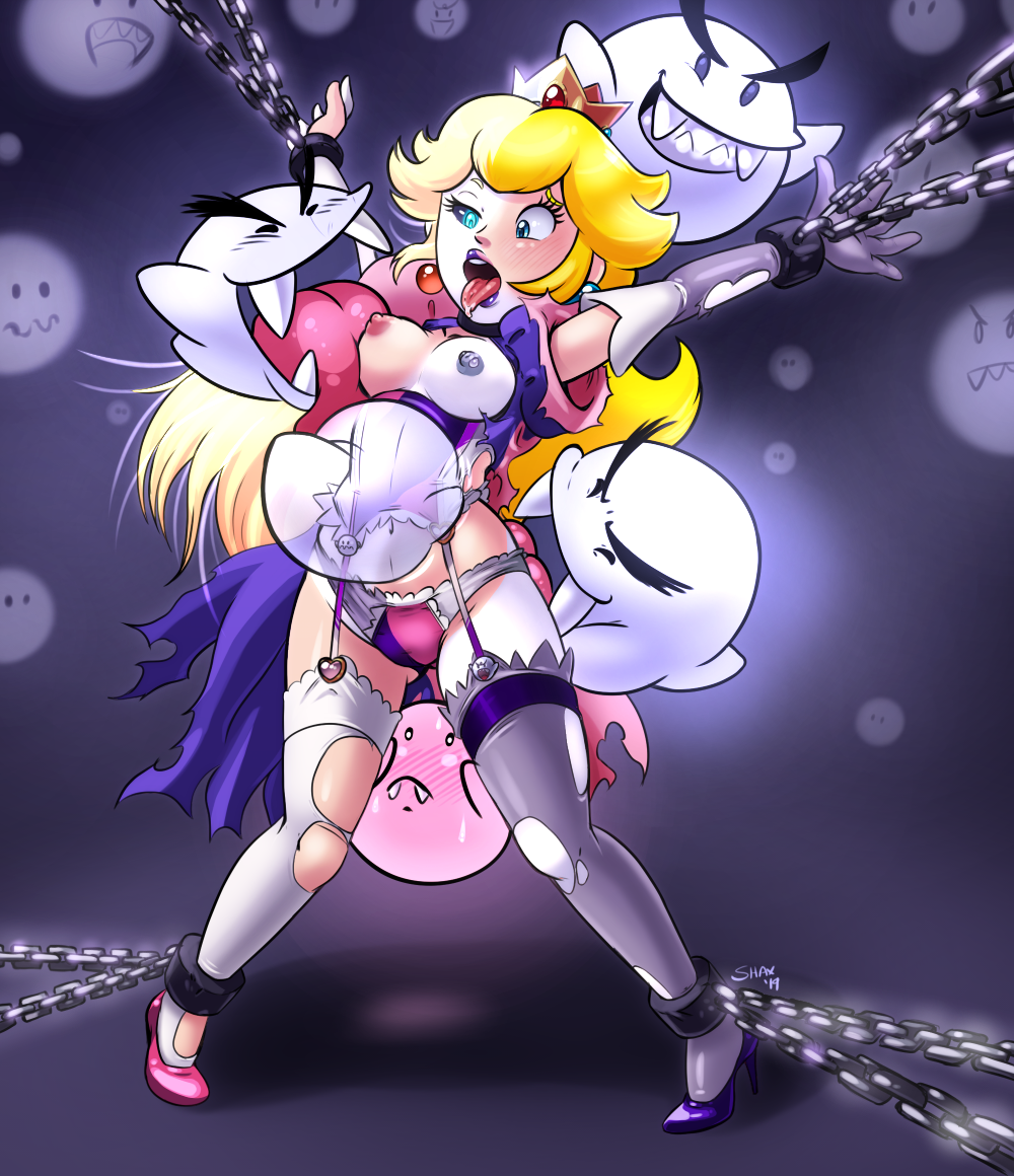 1girl blonde_hair bondage boo breasts chains crown dress earrings exposed_breasts female female_human female_only garter_belt gloves high_heels panties partially_clothed princess_peach shax standing stockings super_mario_bros. torn_dress torn_stockings transformation