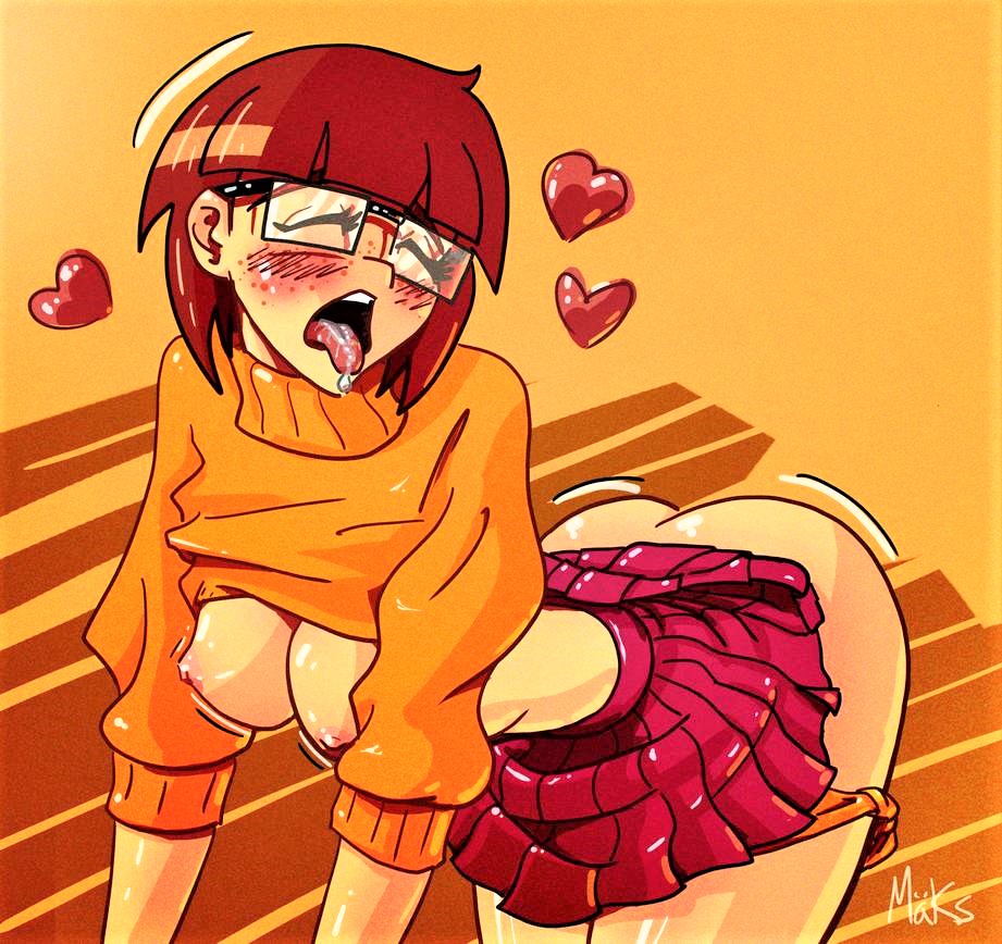 1girl ass blush bottomless breasts closed_eyes female female_only glasses hanna-barbera heart maximallewds miniskirt nipples no_bra open_mouth panties_down scooby-doo signature skirt solo tongue_out velma_dinkley