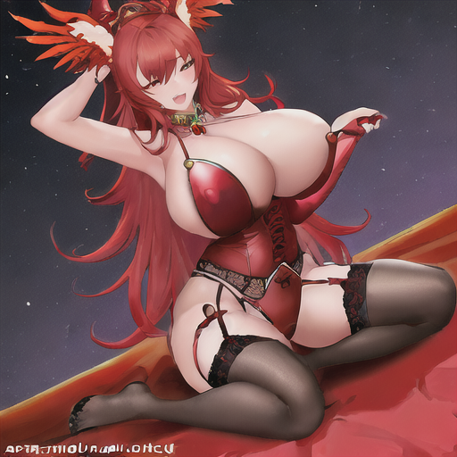 ai_generated armpit garter_belt garter_straps giant_breasts necklace red_hair smile stable_diffusion thin_waist