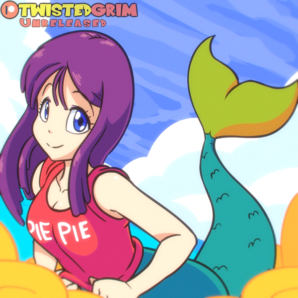 1:1_aspect_ratio 1girl areola bare_arms big_breasts blue_eyes blush breasts cloud dragon_ball flashing gif large_filesize long_hair looking_at_viewer mermaid mermaid_(dragon_ball) monster_girl navel nipples no_bra on_cloud parted_lips pie_pie purple_hair red_shirt shirt simple_background sitting sitting_on_cloud sleeves_rolled_up twistedgrim