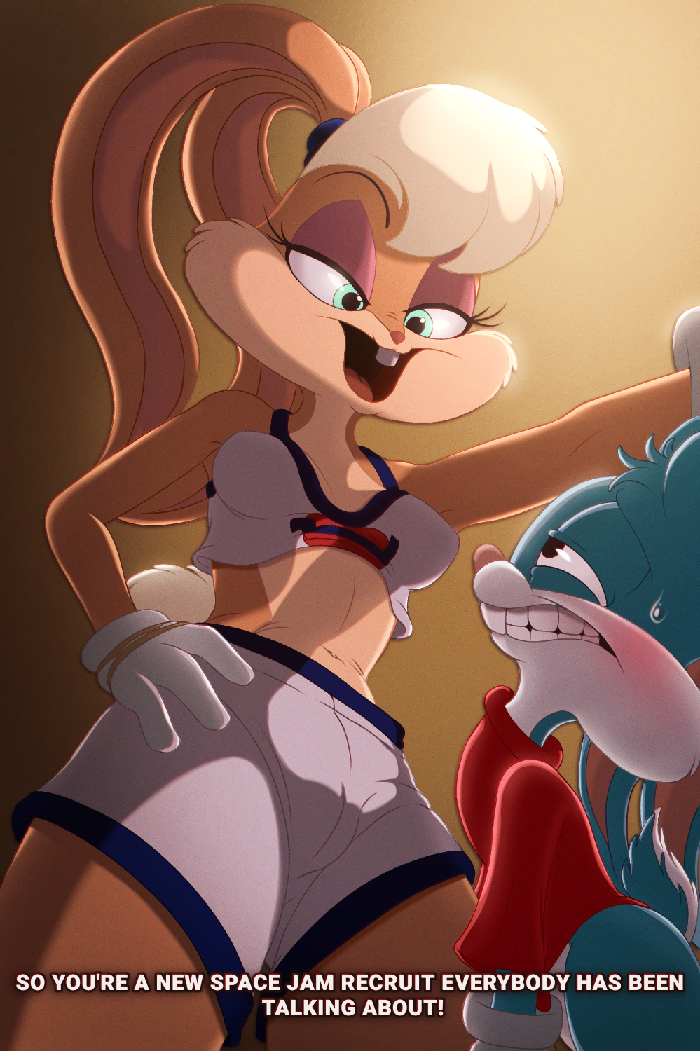 1boy 1girl anoningen anthro breasts buster_bunny english_text fake_screenshot furry lola_bunny looney_tunes navel rabbit size_difference small_breasts space_jam text tiny_toon_adventures warner_brothers young younger_male