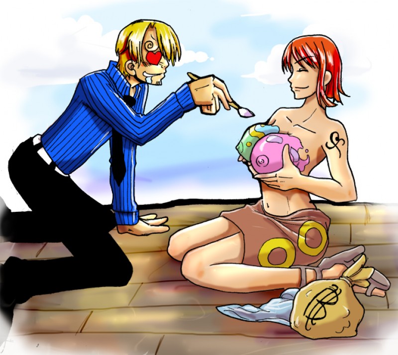 1boy 1girl anime big_breasts bodypaint breasts easter_egg heart-shaped_pupils heart_eyes male money nami nami_(one_piece) nipples one_piece orange_eyes orange_hair paintbrush painted_breasts sanji straw_hat_pirates tattoo tattooed_arm topless topless_female umitsu