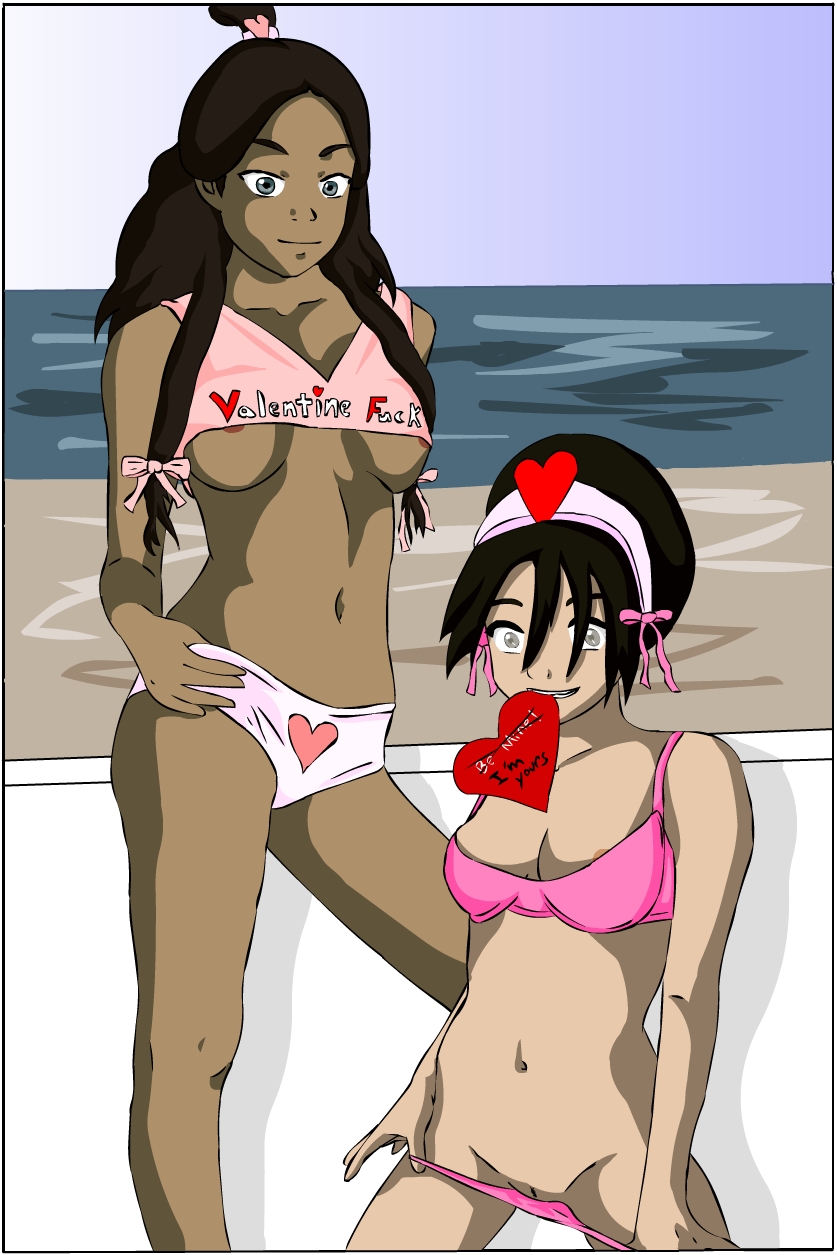 2_girls 2girls avatar:_the_last_airbender beach bikini female_only heart katara tagme toph_bei_fong valentine yuri