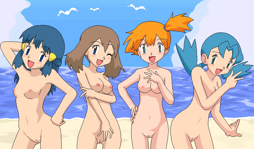 4girls :d ;d aqua_eyes arm arm_up arms art babe bare_arms bare_legs bare_shoulders beach bird blue_eyes blue_hair blush breasts brown_hair cloud crystal crystal_(pokemon) dawn erect_nipples friends gym_leader hair_ornament hairless_pussy half_updo hand_on_hip haruka_(pokemon) hikari_(pokemon) kasumi_(pokemon) kuro_hopper kusakabe330 leaning leaning_forward legs lineup long_hair looking_at_viewer low_twintails marina marina_(pokemon) may misty multiple_girls nintendo nipples nude nude_filter ocean oekaki open_mouth orange_hair photoshop pokemon pokemon_(anime) pokemon_(game) pokemon_gsc pokemon_rgby pokemon_rse pussy sand seagull short_hair sky small_breasts smile standing uncensored v water
