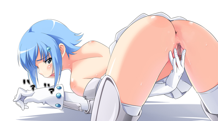 1girl all_fours amayu angel anus ass bar_censor bent_over blue_hair censored gloves looking_at_viewer looking_back nanael pointless_censoring pussy queen's_blade queen's_blade solo spread_pussy thighhighs up_skirt upskirt