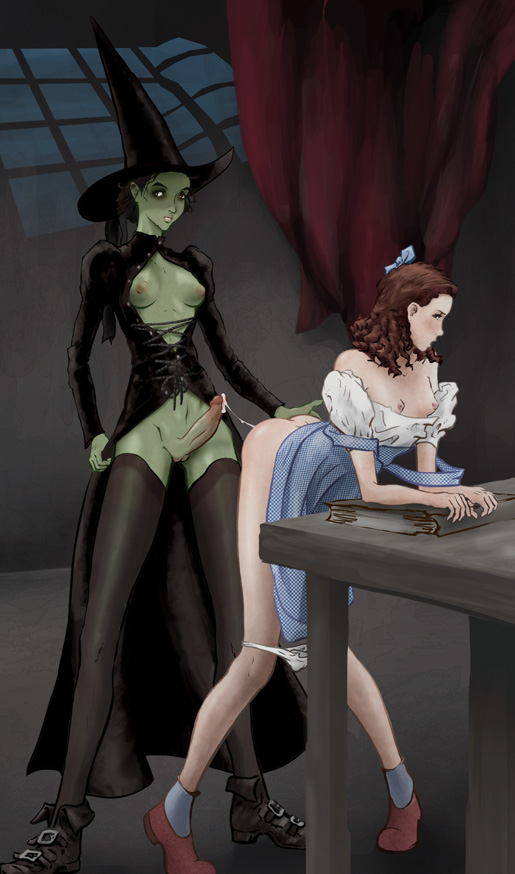 ass bent_over book breasts_outside brown_hair cum cum_string dorothy_gale dress elphaba erection futanari green_skin off_shoulder panty_pull penis pussy small_breasts socks strap_slip the_wizard_of_oz thighhighs wicked_witch_of_the_west witch witch_hat
