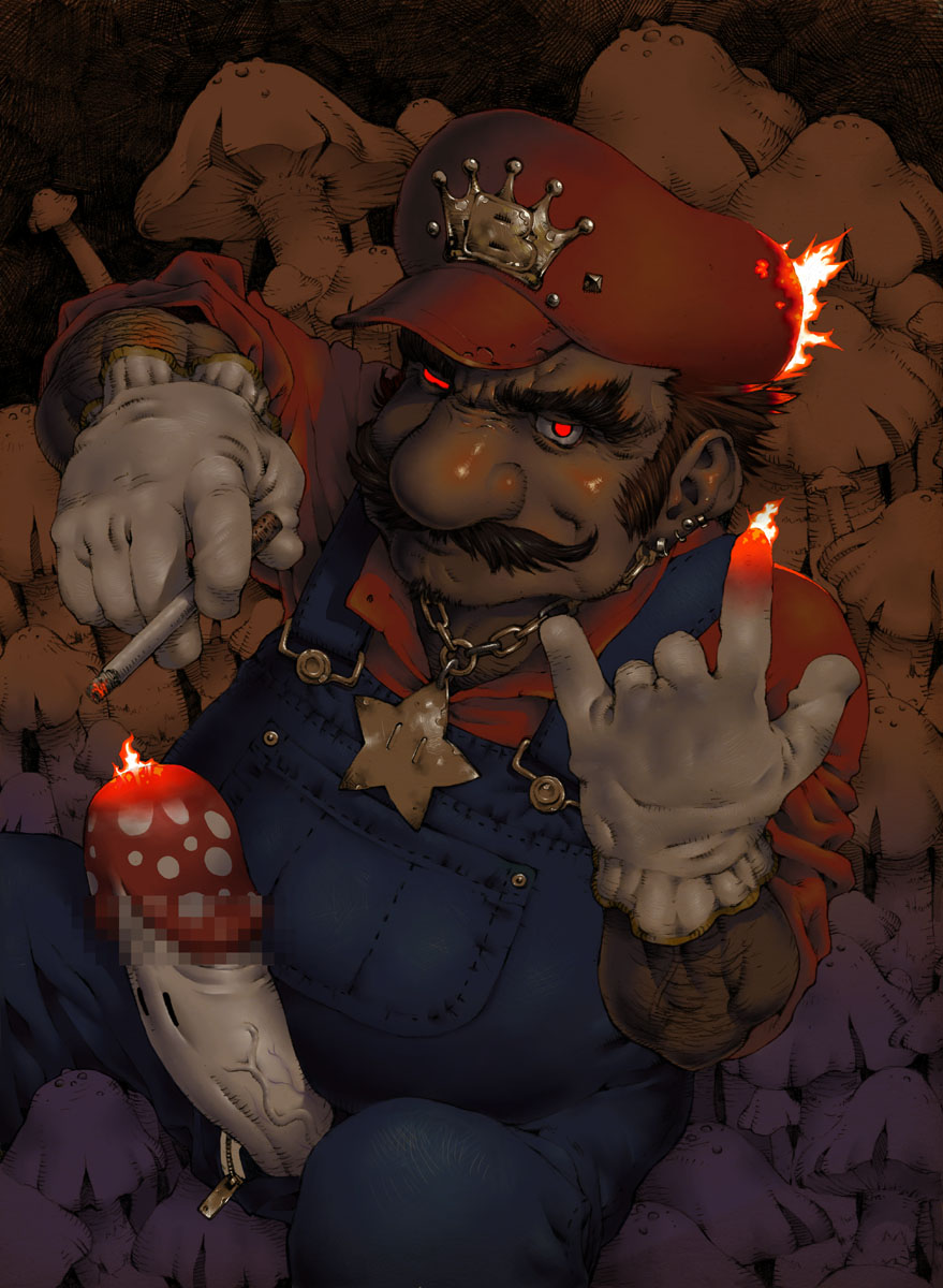 1boy \m/ bad_id censored cigarette creepy featured_image fire gloves glowing glowing_eyes hat highres male male_focus mario mario_(series) medal medallion muscle mushroom nintendo overalls penis pointless_censoring red_eyes solo super_mario super_mario_bros. super_mushroom tamo_imai