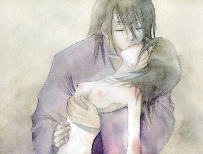 1boy 1girl areola areolae arm art belly black_hair bleach blush blushing brother brother_and_sister byakuya_kuchiki chest closed_eyes elbow eyebrows eyelashes female fingers flat_chest girl hair hands kiss kissing kuchiki_byakuya kuchiki_rukia long_hair male man navel neck nipples nose nude pale_skin robe rukia rukia_kuchiki short_hair shoulders sibling sibling_love siblings sister sketch small_areolae small_breasts stomach throat