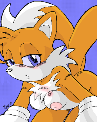 2005 all_fours blue_eyes blush breasts canine chest_tuft crossgender female fox genderswap gloves kitsune looking_at_viewer miles_"tails"_prower millie_tailsko multiple_tails orange_(fruit) peterson sega solo sonic_(series) sonic_the_hedgehog_(series) tail