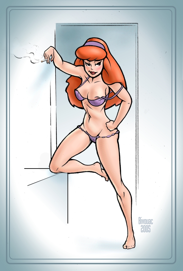1girl bivouac bra breasts cigarette daphne_blake female female_only hairband panties red_hair scooby-doo solo