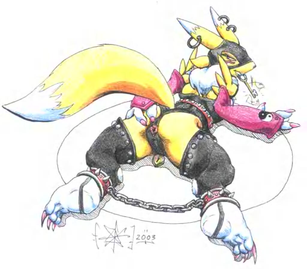 1_anthro 1_female 1_female_anthro 1_girl 2003 3_fingers 3_toes anthro anthro_canine anthro_fox anthro_vixen anus arm_warmers bound canine chain detached_sleeves digimon female female_anthro female_anthro_fox female_renamon fox fur furry inviting key looking_at_viewer looking_back lying presenting renamon sawblade_(artist) solo tail toei_animation vixen white_fur yellow_fur yin_yang