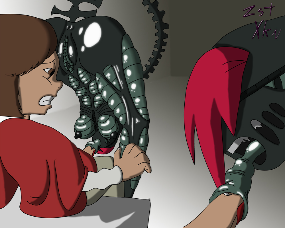 alien alien_(franchise) aliens_(movie) anus breasts brown_eyes brown_hair cartoon_network crossover fellatio foster's_home_for_imaginary_friends mac_(fhfif) oral penis pussy teeth xenomorph zst_xkn
