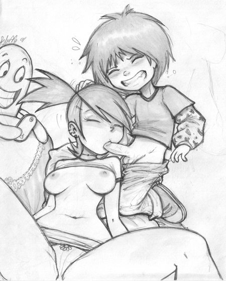 age_difference bloo blooregard breasts cartoon_network fellatio fluffy_(artist) foster's_home_for_imaginary_friends frankie_foster mac_(fhfif) male/female monochrome