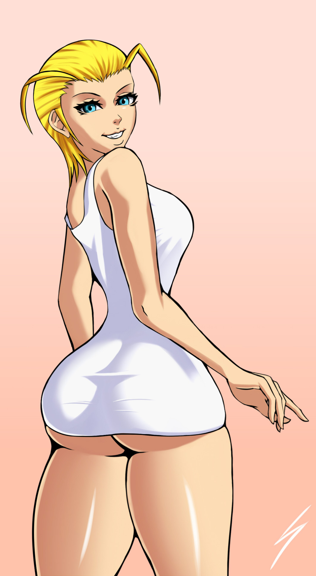 ass big_ass big_breasts breasts cosplay dat_ass female kingdom_hearts larxene looking_at_viewer looking_back namine smile solo sowilo