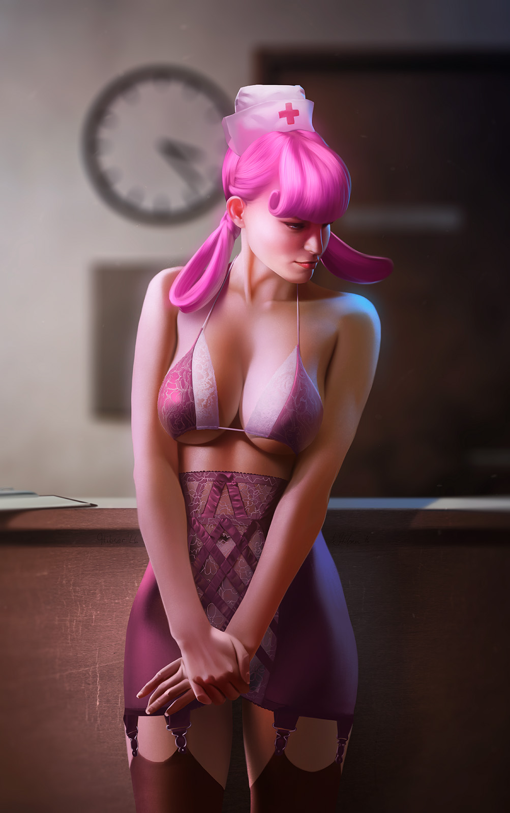 1girl andrew_hibner bare_arms bra breasts cleavage female female_human female_only garter_straps hair_rings human indoors joy_(pokemon) lingerie looking_to_the_side nurse_cap nurse_joy partially_clothed pink_hair pokemon standing stockings