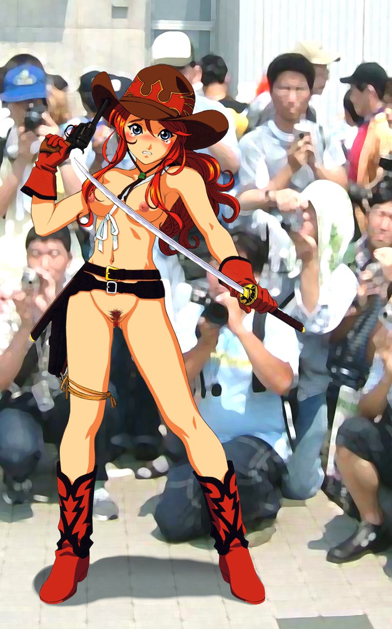 boots breasts censored cowboy_boots cowboy_hat cowgirl exhibitionism gemini_sunrise gun handgun hat highres katana nipples nude nude_filter photographic_proof photoshop pubic_hair public red_hair revealing_clothes revolver sakura_taisen sakura_taisen_v sakura_wars sword useless_clothes weapon western