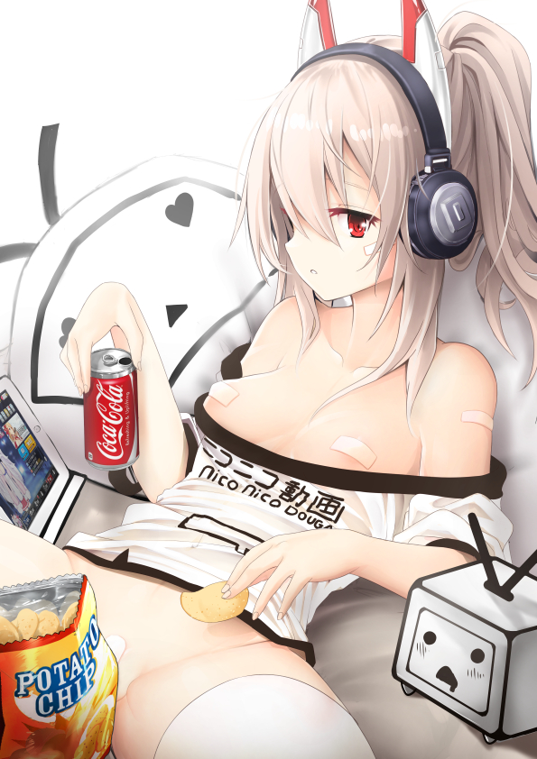 ayanami_(azur_lane) azur_lane bandaid_on_pussy bandaids_on_nipples bare_shoulders bottomless closed_mouth coca-cola copyright_name hair_between_eyes headphones long_hair looking_at_viewer momin_(momomikan2x) nico_nico_douga no_bra notebook on_bed parted_lips potato_chips red_eyes shirt_down simple_background spread_legs white_background white_legwear
