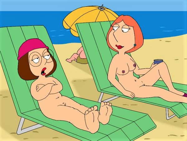 beach beach_chair breasts family_guy glasses hat lois_griffin lounge_chair meg_griffin milf nipples nude short_hair thighs