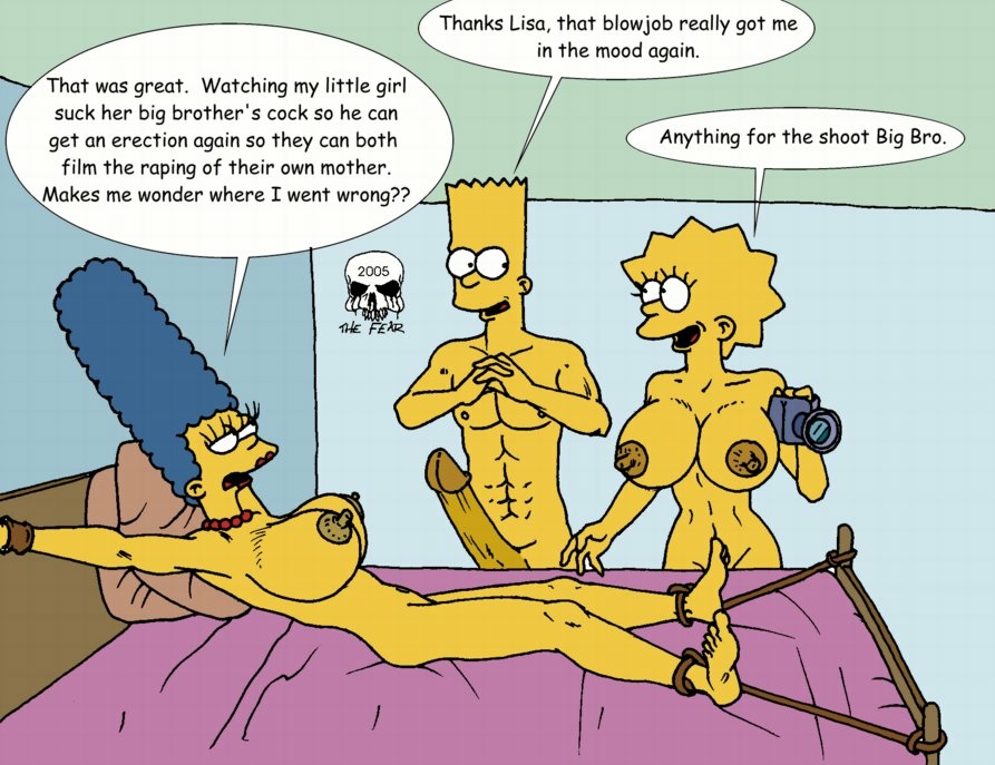 bart_simpson bed big_breasts big_penis breasts camera lisa_simpson marge_simpson penis smile the_fear the_simpsons tied_up yellow_skin