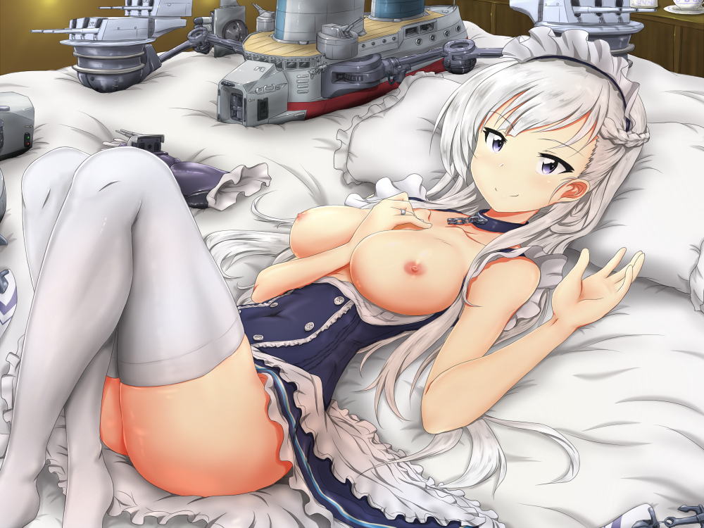 1girl 1girl 1girl 4:3_aspect_ratio apron areola azur_lane bangs belfast_(azur_lane) big_breasts blue_eyes blush braid breasts breasts_out_of_clothes cannon chain clavicle cleavage closed_mouth collar corset crossed_ankles dress dress_pull eyebrows_visible_through_hair french_braid frills futon gloves gloves_removed kinpira_gobou knees_up long_hair looking_at_viewer lying maid maid_headdress nipples no_shoes on_back rigging silver_hair smile thighs tied_hair turret white_gloves white_legwear