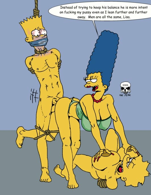 ass bart_simpson bent_over bisexual bondage breast_grab breasts choking femdom hands_behind_back hanging incest lisa_simpson marge_simpson mother_and_daughter mother_and_son pearls the_fear the_simpsons tied_up yellow_skin