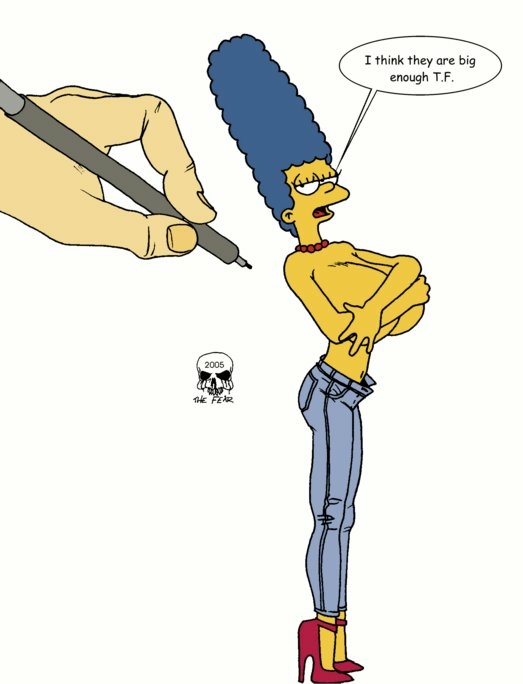big_breasts blue_hair breasts cleavage cover_up hand high_heels jeans marge_simpson pearls pen the_fear the_simpsons topless white_background yellow_skin