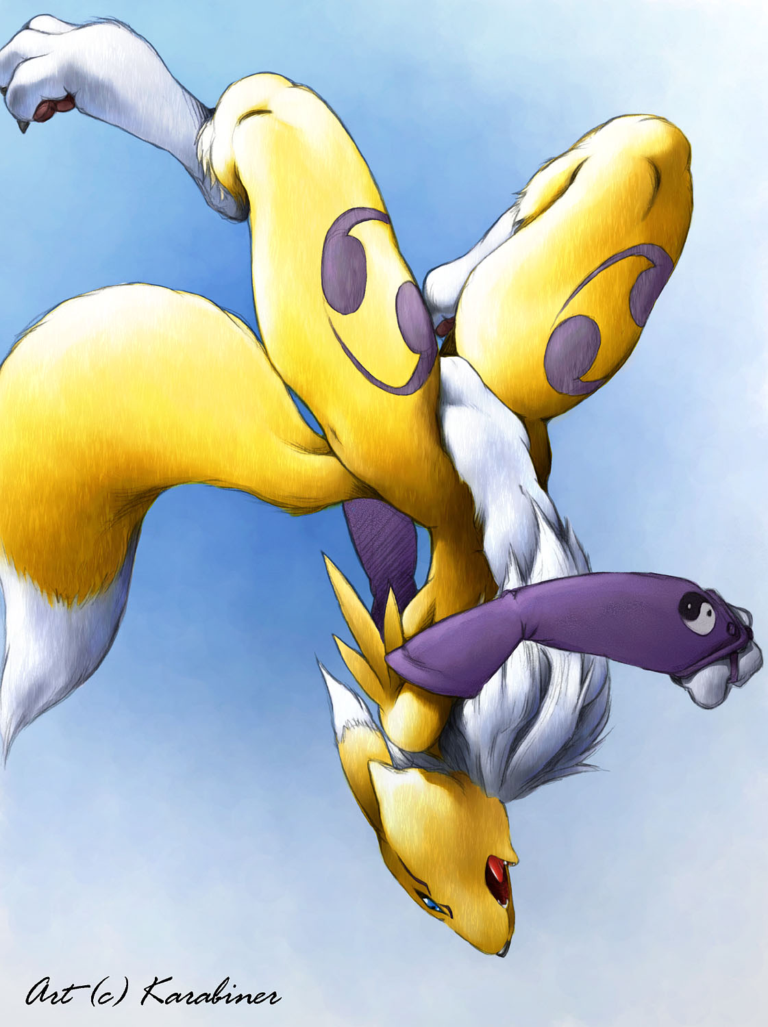 1_female 1_girl 3_fingers 3_toes anthro anthro_canine anthro_fox anthro_vixen blue_eyes canine detached_sleeves digimon female female_anthro female_anthro_fox female_only female_renamon flat_chest fox fur furry karabiner mostly_nude open_mouth pussy renamon solo toei_animation vixen white_fur yellow_fur yin_yang