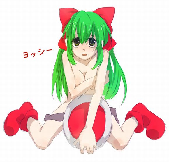1girl arm arms boots bow breasts cleavage covering covering_breasts covering_crotch covering_pussy green_eyes green_hair hair humanized legs mario_(series) nintendo nude rule_63 saddle simple_background solo super_mario_bros. text translated yoshi