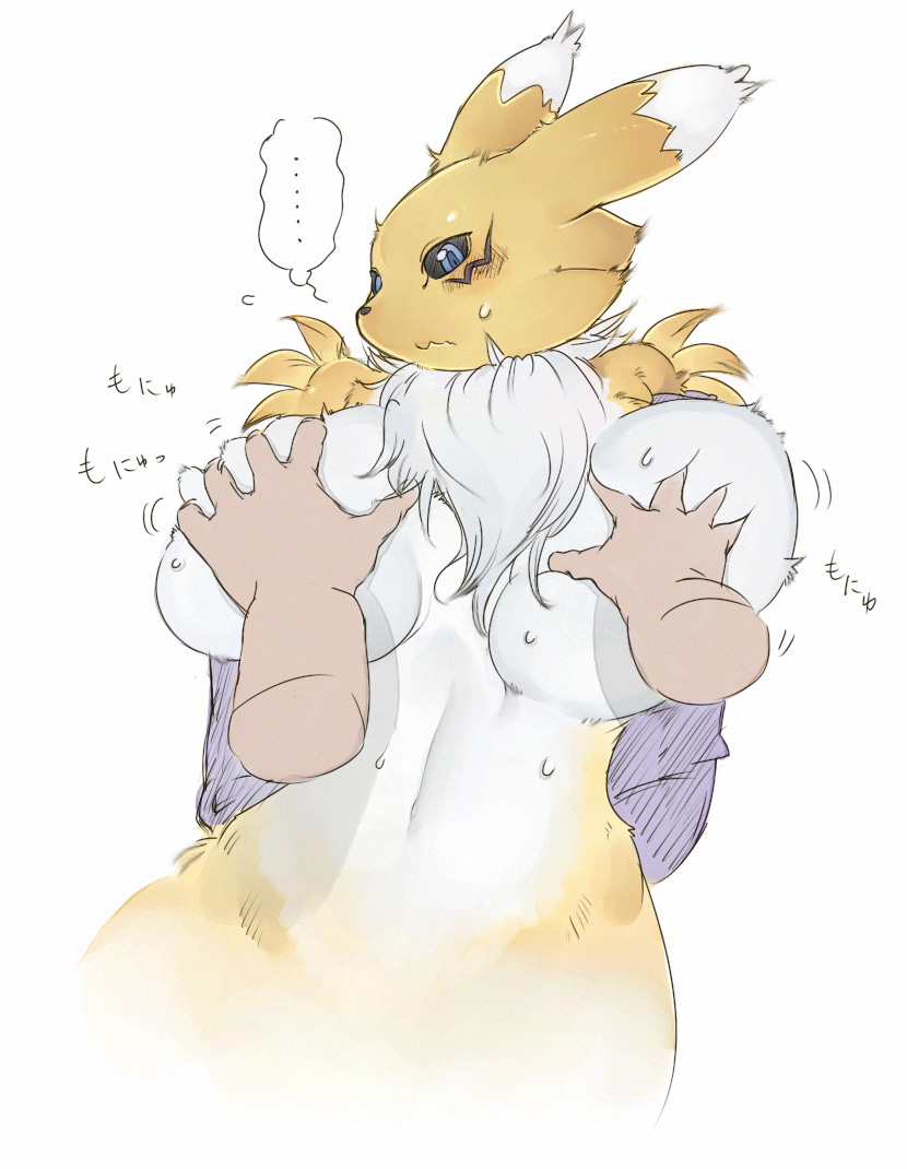 1_anthro 1_female 1_female_anthro 1_girl alternate_version_available anthro anthro_canine anthro_fox big_breasts blue_eyes blush breast_grab breasts canine detached_sleeves digimon disembodied_hand female female_anthro female_anthro_fox female_renamon fox fur furry grabbing mostly_nude pov renamon sindoll standing sweat toei_animation vixen white_fur yellow_fur