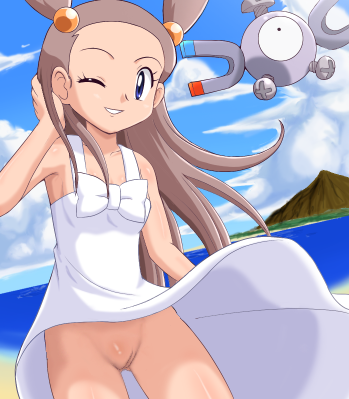 1girl ;d arm arms bare_arms bare_legs bare_shoulders beach blue_eyes brown_hair cloud dress dutch_angle grin gym_leader hair_ornament legs long_hair looking_at_viewer magnemite mikan_(pokemon) mountain neck nintendo one_eye_closed pokemoa pokemon pussy ribbon sky smile soara standing two_side_up uncensored water white_dress wince wind_lift