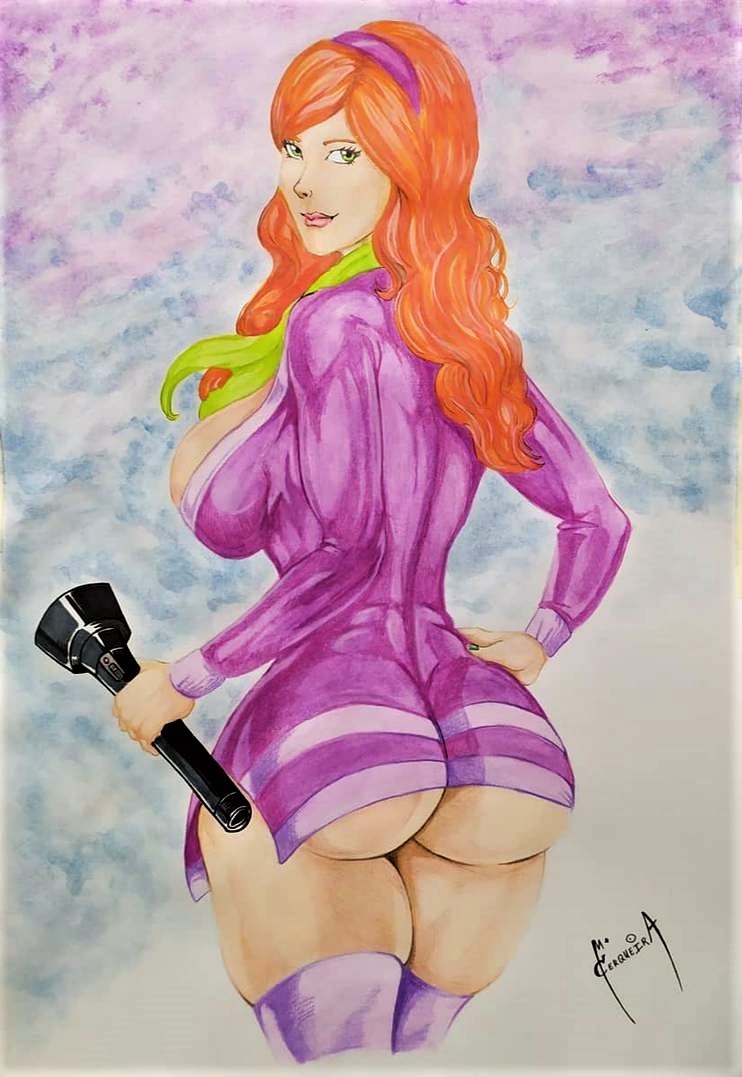 1girl ass big_breasts bottomless bubble_butt clothed daphne_blake dat_ass dress female female_human female_only green_eyes hairband huge_breasts human large_breasts long_hair long_red_hair looking_at_viewer marciocerqueira minidress no_panties orange_hair redhead scooby-doo solo standing stockings thighs