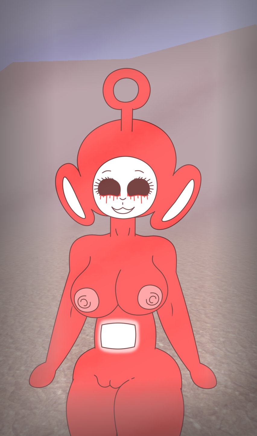 1girl antenna black_eyes blood_eyes breasts cute female_teletubby infected_teletubby looking_at_viewer pale_skin po_(slendytubbies) pussy red_fur slendytubbies smile teletubby thick_thighs toastythepeepoo