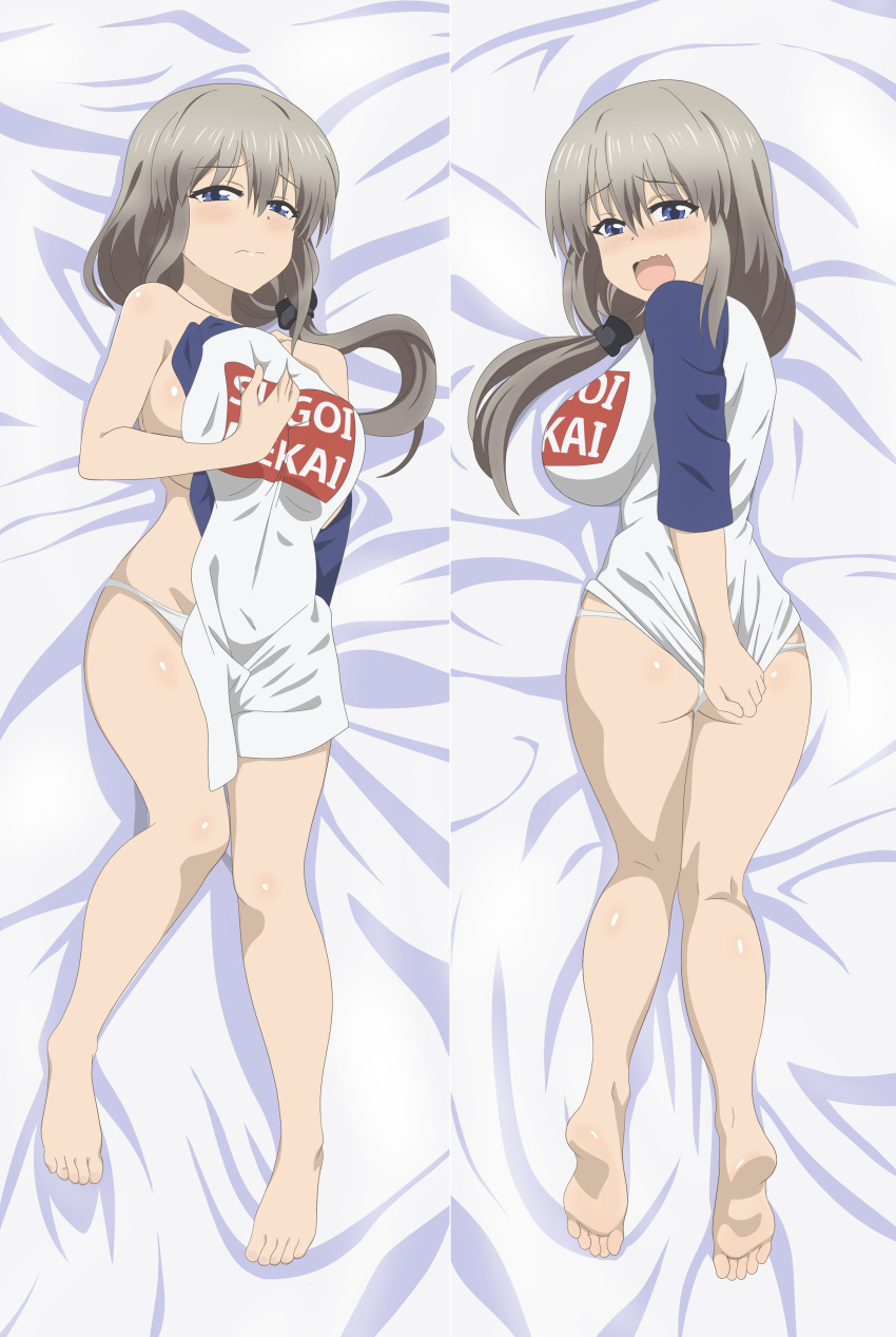 alternate_costume back_view bare_legs barefoot before_and_after big_breasts blue_eyes blunt_bangs blush blushing_at_viewer breasts cleavage closed_mouth correct_artstyle covering covering_breasts covering_self curvaceous curvy curvy_body curvy_female curvy_figure dakimakura embarrassed embarrassed_nude_female feet front_view functionally_nude grey_hair high_resolution huge_breasts light-skinned_female light_skin long_hair looking_at_viewer looking_back lying lying_on_back lying_on_bed lying_on_stomach mature mature_female milf no_bra open_eyes open_mouth paipan pale_skin panties partially_clothed petite shiny shiny_hair shiny_skin shirt shirt_pull shirt_removed side_ponytail skindentation slim_waist smaller_female soles split_screen sugoi_dekai toes underwear uzaki-chan_wa_asobitai! uzaki_hana_(cosplay) uzaki_tsuki wavy_mouth wide_hips zorzero