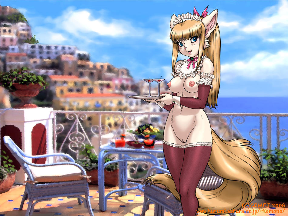 1girl animal_ears blonde_hair blue_eyes bottomless breasts cute dr_comet dr_comet_(artist) footwear furry maid maid_headdress medium_breasts nipples no_panties outdoors outside pussy socks solo stockings tail thighhighs tray waitress