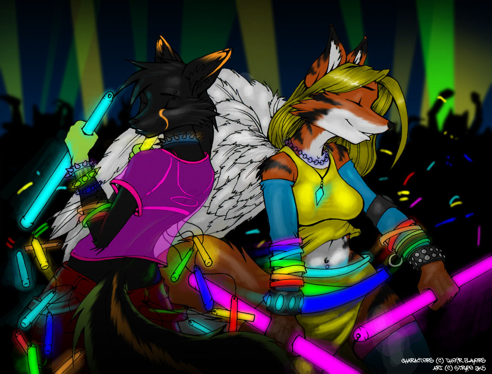 canine closed_eyes clothing club collar dancing female fox furry glowing glowstick rave raver strype tail wings