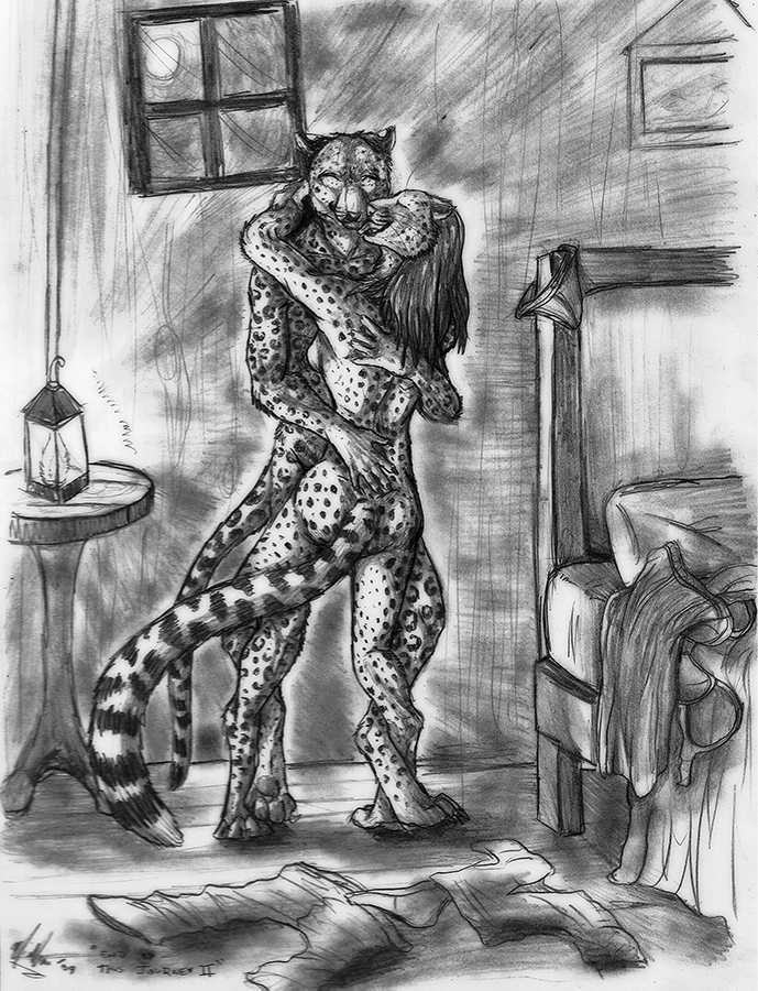 ^_^ bedroom cheetah couple darksilver darksilver_(artist) entwined feline female furry hetero hug hugging intimate lantern leopard licking male pencil pencils standing tongue
