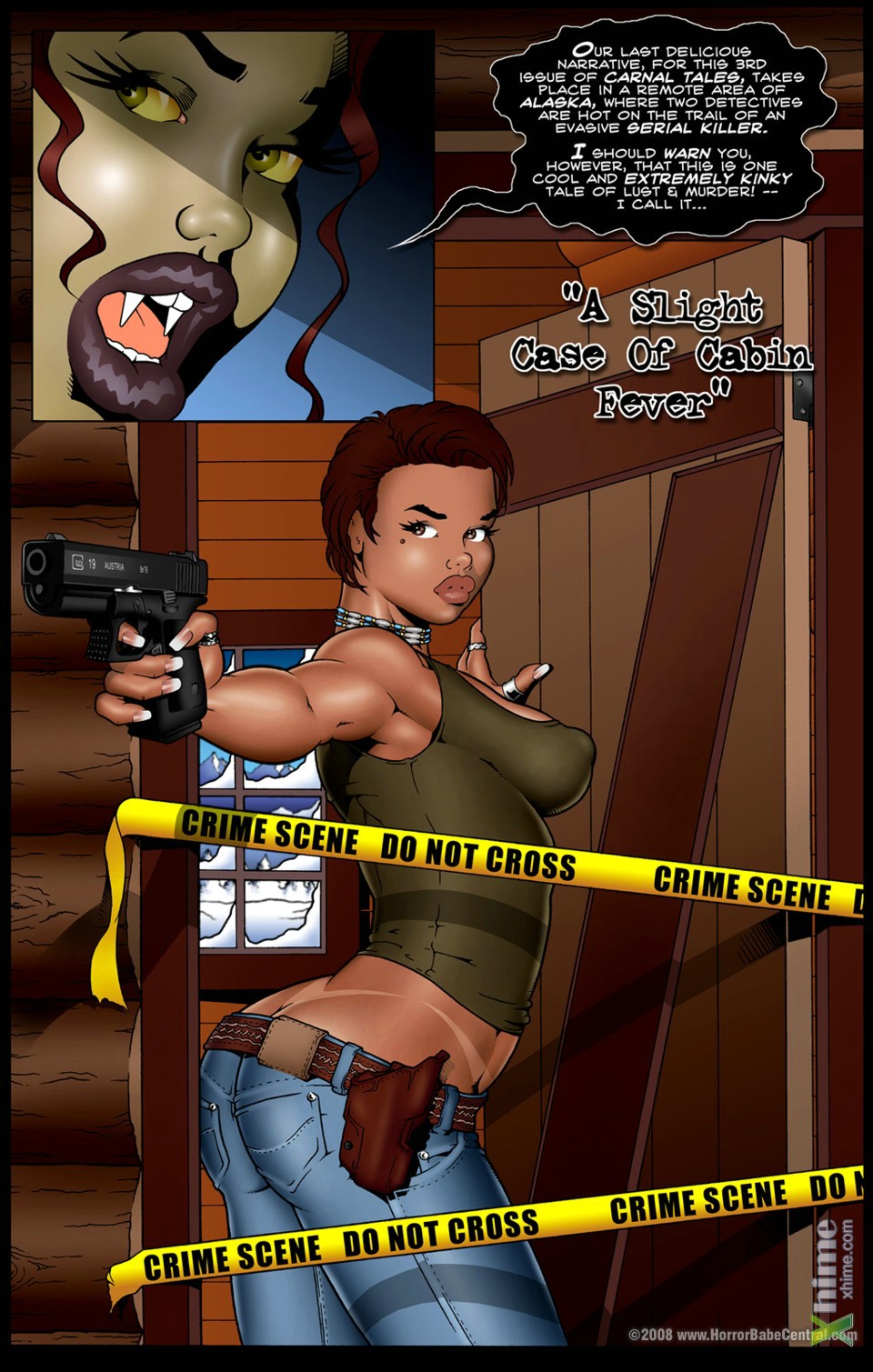 2008 a_slight_case_of_cabin_fever carnal_tales carnal_tales_3 comic cover_page dark-skinned_female gun horrorbabecentral police tagme tan_line weapon xhime