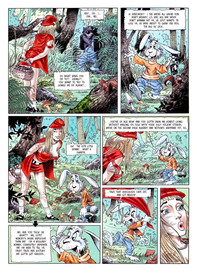 animals ass bent_over big_bad_wolf breasts clech_(artist) comic dialogue little_red_riding_hood little_red_riding_hood_(clech) little_red_riding_hood_(copyright) nude_female outdoor_nudity prince_charming prince_charming_(little_red_riding_hood) werewolf wolf