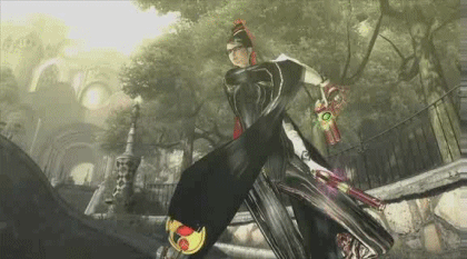 1girl 3d animated animated_gif ass bayonetta bayonetta_(character) black_hair cg flash gif glasses gun ingame long_hair lowres nude pose sega spread_legs transformation undressing very_long_hair weapon witch