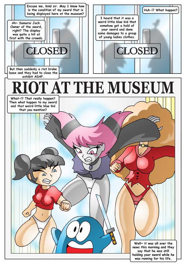 angry black_hair bloo blooregard blue_eyes comic cover_page crossover dc_comics embarrassing foster's_home_for_imaginary_friends jinx kimiko_tohomiko orange_hair panties pink_eyes pink_hair powerpuff_girls red_hair red_panties redhead riot_at_the_museum teen_titans wardrobe_malfunction x^j^kny x^j^kny_(artist)