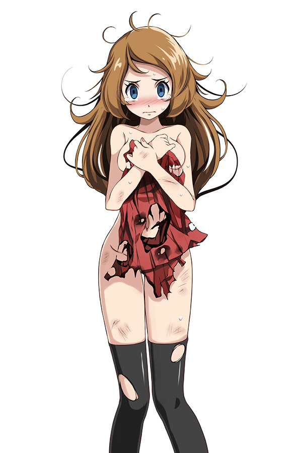 1girl 1girl 1girl bangs bare_arms bare_shoulders black_legwear blue_eyes blush breast_squeeze breasts bruise collarbone covering covering_breasts creatures_(company) crying crying_with_eyes_open embarrassed embarrassed_nude_female enf female_focus female_only game_freak injury light_brown_hair long_hair looking_at_viewer medium_breasts messy_hair nintendo no_bra no_panties no_shirt pleated_skirt pokemon pokemon_(game) pokemon_xy red_skirt serena_(pokemon) simple_background skirt solo_female standing stockings sweat sweatdrop tears torn_clothes torn_legwear torn_skirt tsukishiro_saika white_background