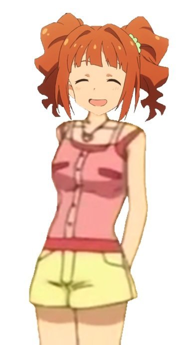 1girl 2011 ^_^ arms_behind_back bad_edit closed_eyes edit edited idolmaster jewelry long_hair necklace open_mouth orange_hair pop'n_lucia scrunchie sfw shorts smile tagme takatsuki_yayoi tank_top twin_tails yellow_shorts