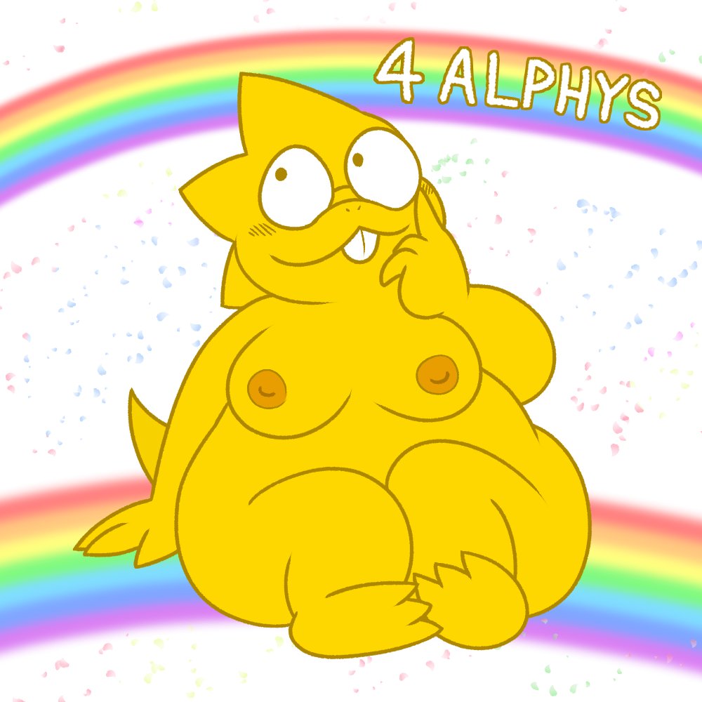 1_girl 1girl alphys alphys_(undertale) anthro anthro_only breasts buckteeth detailed_background eyewear fat_female female female_only glasses looking_up nipples nishi_oxnard non-mammal_breasts non-mammal_nipples rainbow reptile round_glasses scales scalie sitting smile solo solo_female teeth text undertale undertale_(series) yellow_body yellow_scales yellow_skin