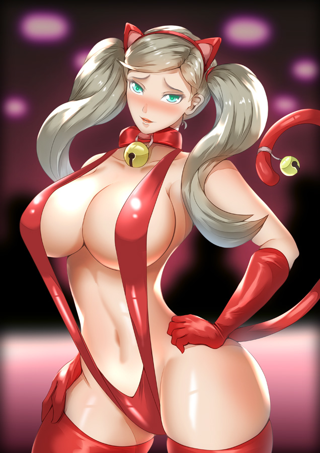 1girl alluring ann_takamaki bell bell_collar bell_on_tail big_breasts blonde_hair blue_eyes breasts cat_ears cat_tail collar fake_animal_ears fake_tail gloves hand_on_hip haryu haryudanto hypnosis looking_at_viewer midriff mind_control navel one-piece_swimsuit persona persona_5 red_one-piece_swimsuit red_sling_bikini red_swimsuit sling_bikini slingshot_swimsuit stockings swimsuit tail_bell twin_tails